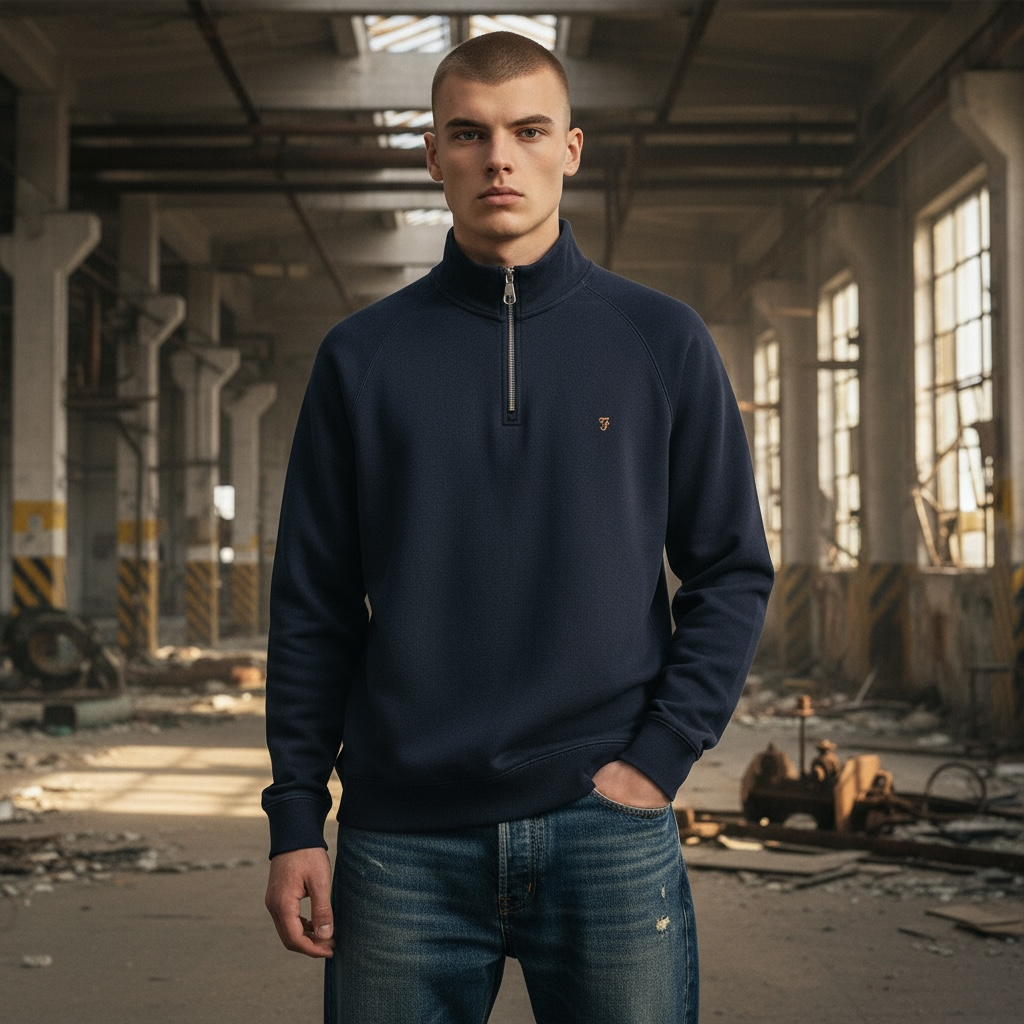 FARAH JIM 1/4 ZIP NAVY SWEATER